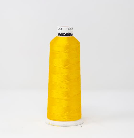 #910-1069 5,500 yard cone of #40 weight Rayon embroidery thread in Sunshine Yellow.